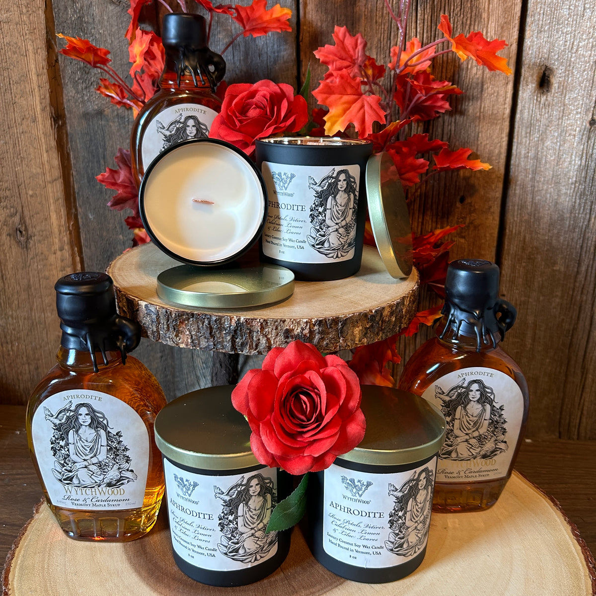 Aphrodite Delights Bundle:  Rose &amp; Cardamom Maple Syrup with Luxury 8oz Candle